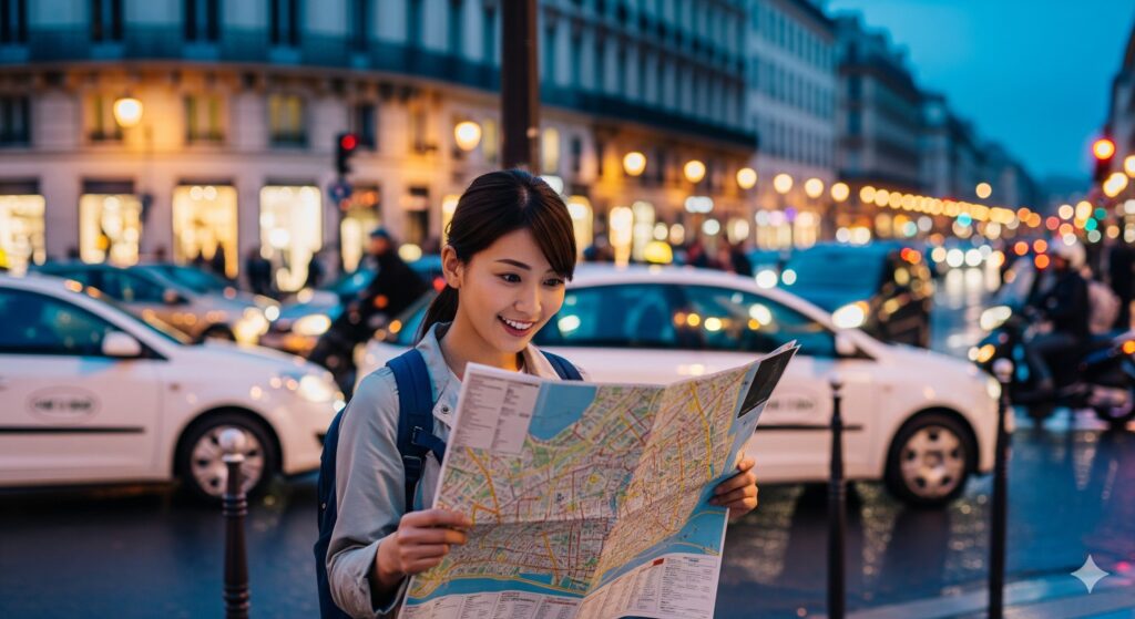 見知らぬ街の路地裏で、好奇心と発見の喜びに満ちた表情で巨大な壁画を見上げる日本人女性