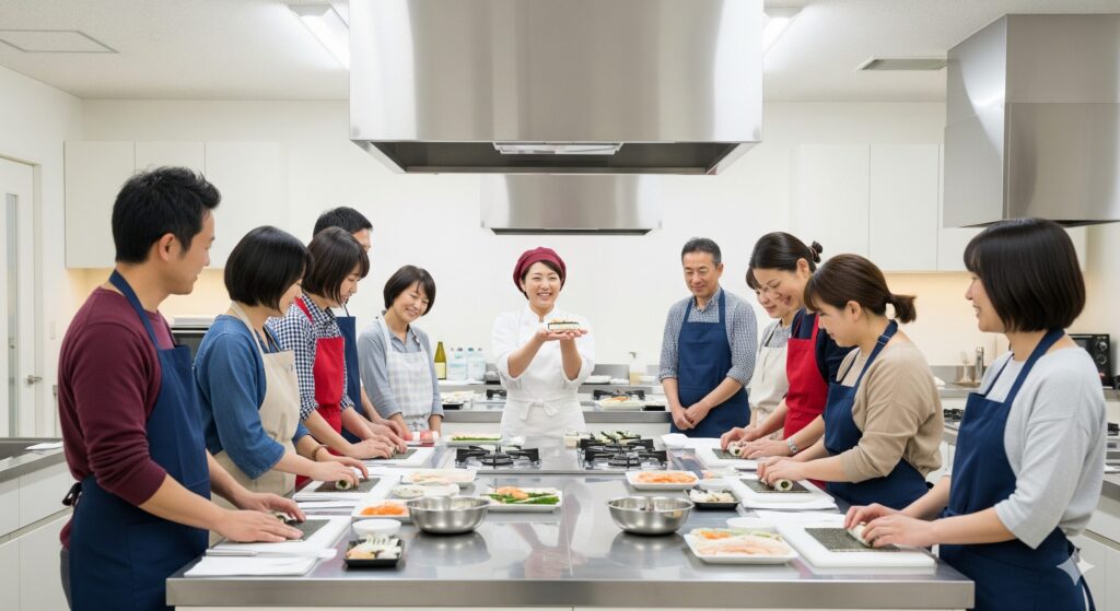 料理教室で一緒に学びながら笑い合う、楽しそうな様子の様々な年代の日本人グループ