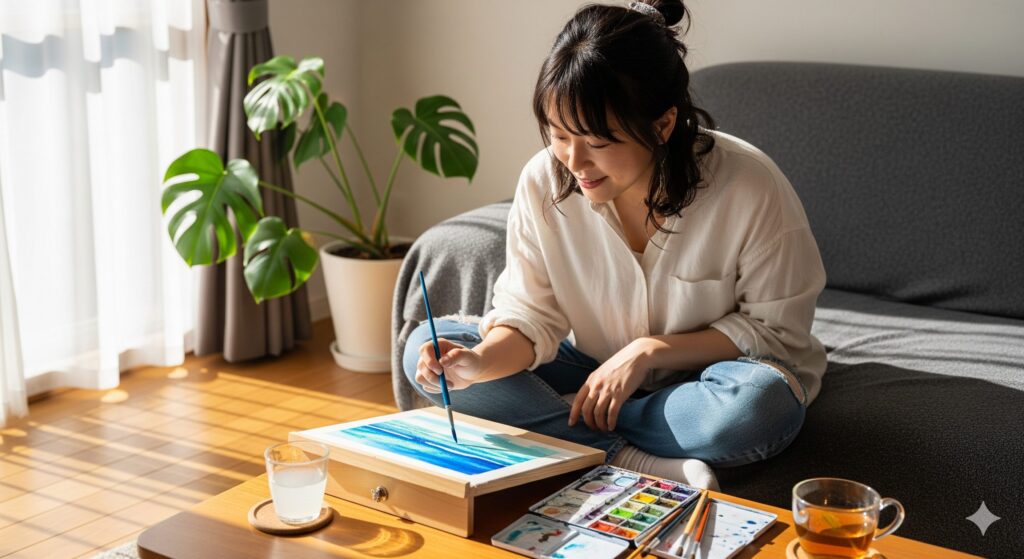 陽の当たる快適な部屋で、趣味の水彩画を楽しみ、充実感に満たされている日本人女性