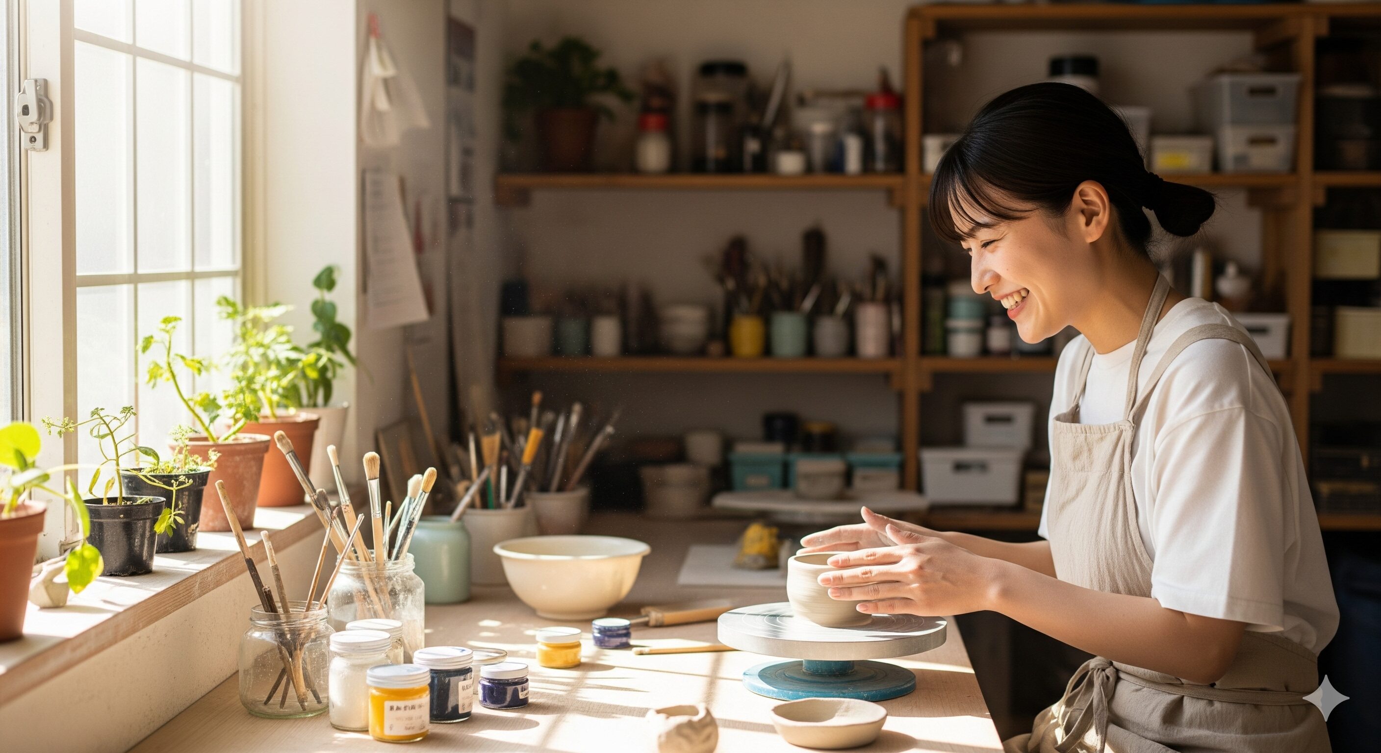 明るい光が差し込む工房で、新しい趣味を始めて笑顔を見せる若い日本人女性