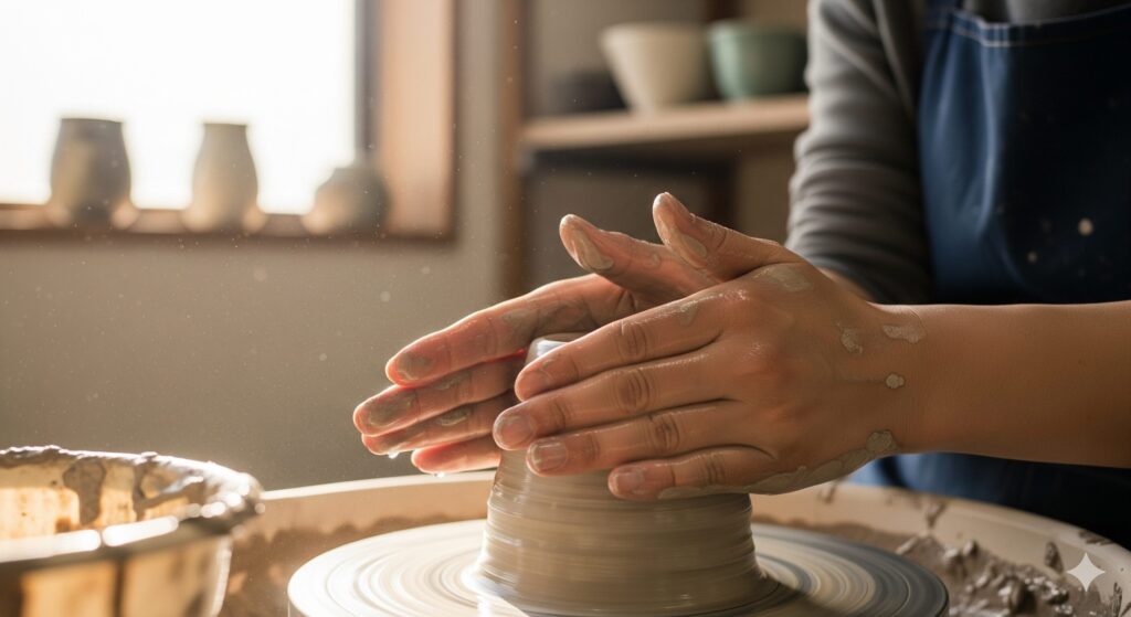 明るい工房で陶芸体験をする人の手元。ろくろの上で粘土を丁寧に形作っているクローズアップ写真