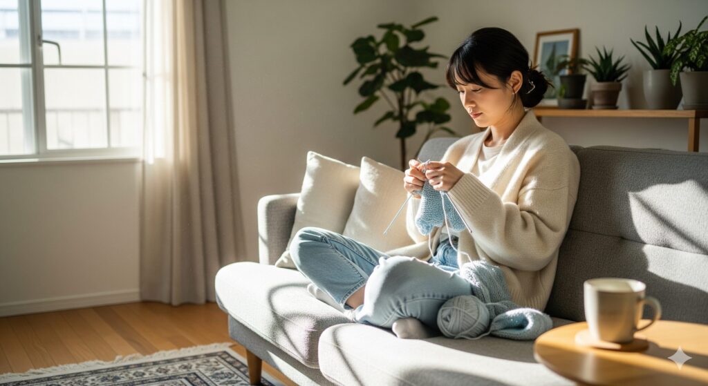 日当たりの良いリビングのソファに座り、リラックスした様子で編み物に集中している日本人女性