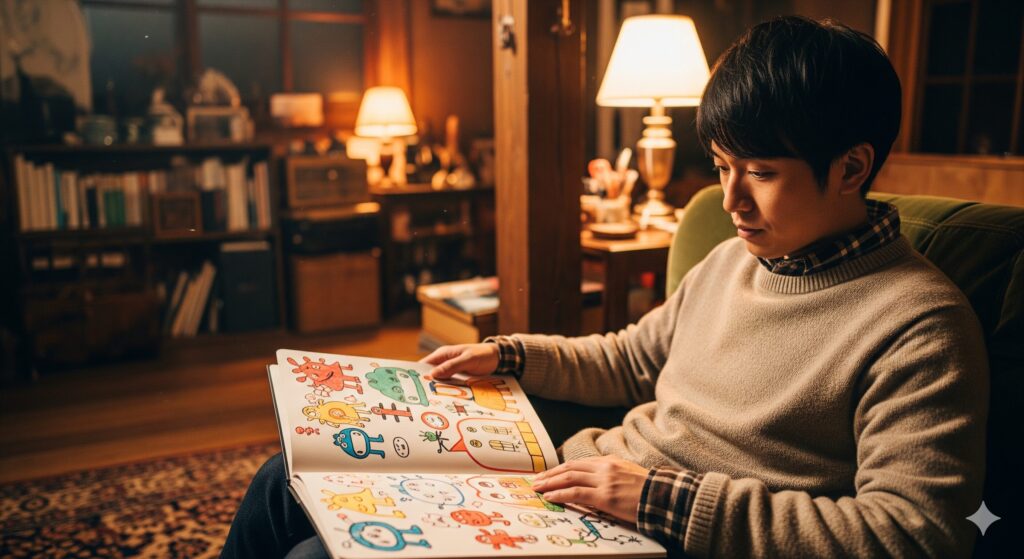 暖かい雰囲気の部屋で、子供の頃に描いたスケッチブックを懐かしそうに眺める日本人男性